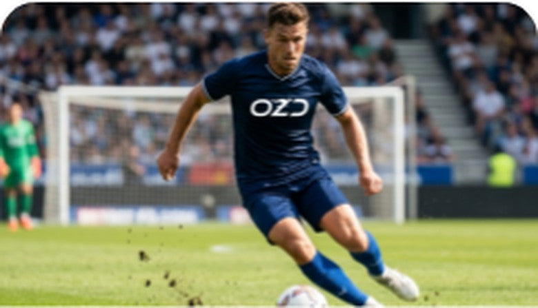 Football player in custom jersey striking the ball