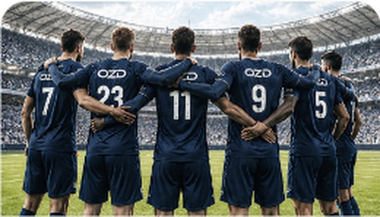 Soccer team lined up in custom jerseys