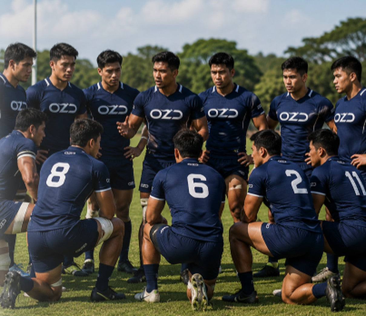 Rugby team huddle wearing custom OZ Designs jerseys
